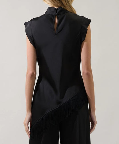 BLACK MOCK NECK ASYMMETIRCAL FRINGE TRIM TOP