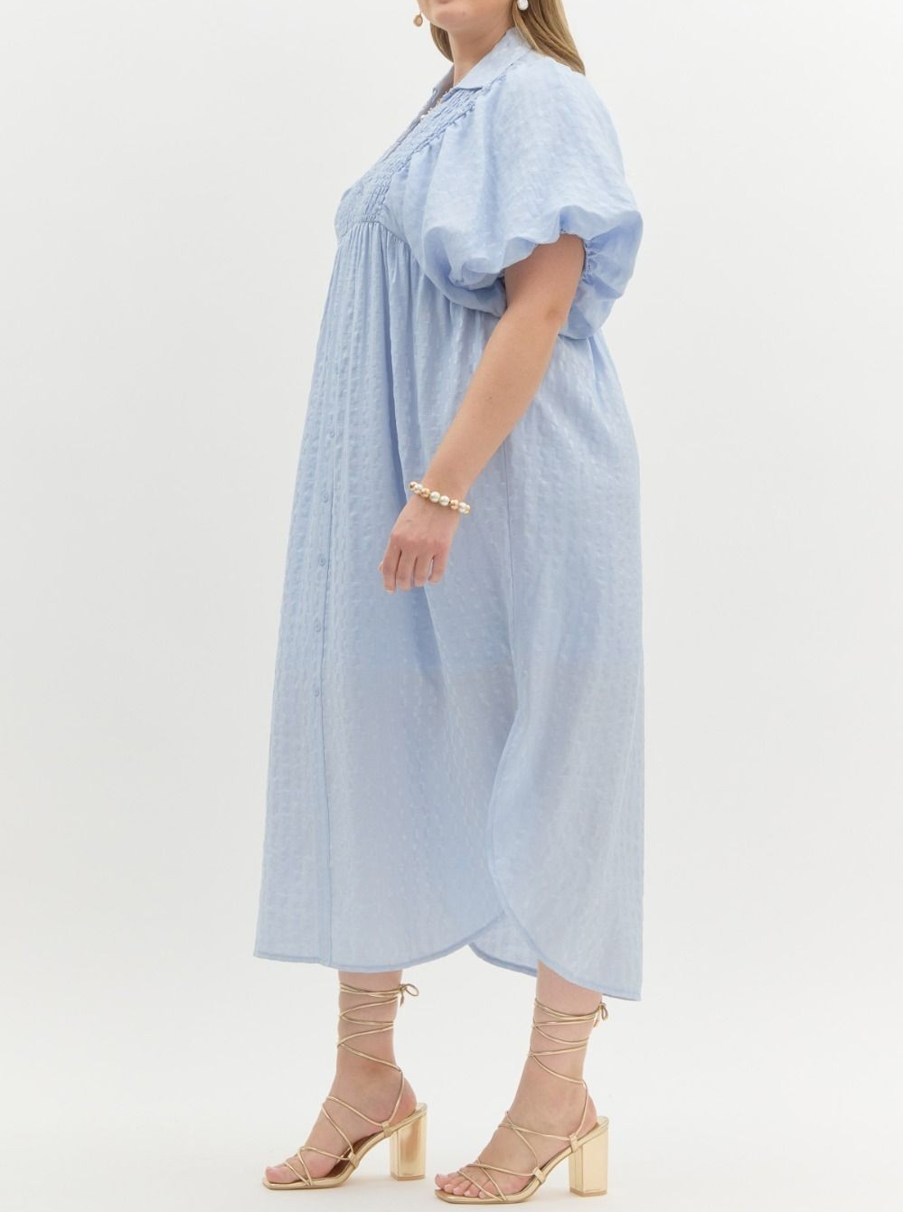 BABY BLUE TEXTURED PUFF SLEEVE MIDI DRESS