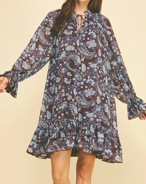 WINE/BROWN FLORAL PRINT LONG SLEEVE RUFFLE TIERED MINI DRESS