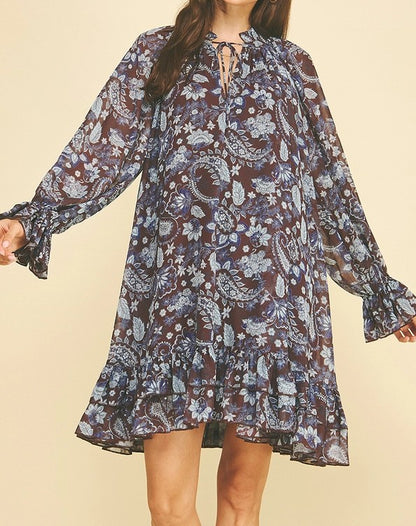 WINE/BROWN FLORAL PRINT LONG SLEEVE RUFFLE TIERED MINI DRESS