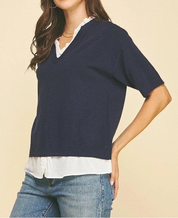 NAVY MIXED MEDIA LAYERED KNIT TOP