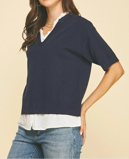 NAVY MIXED MEDIA LAYERED KNIT TOP