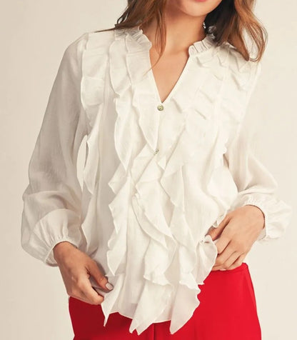 WHITE DRAPED RUFFLE VNECK LONG SLEEVE TOP