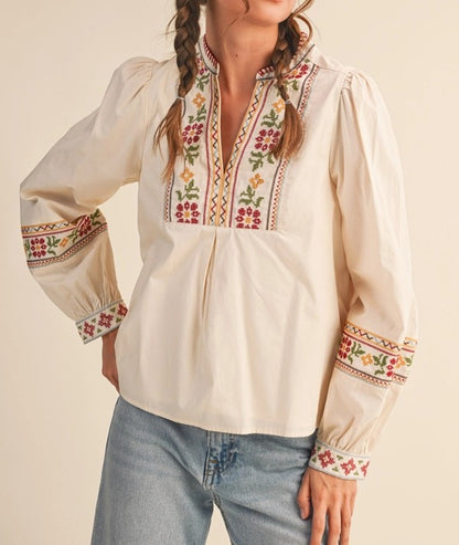 ECRU FLORAL CROSS STITCH EMBROIDERY DETAIL LONG PUFF SLEEVE TOP
