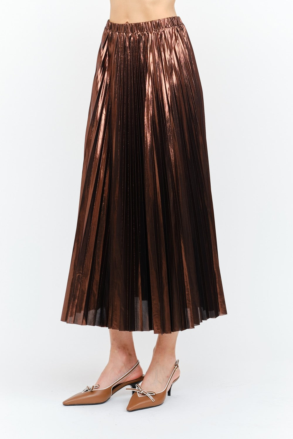 BROWN METALLIC LAME PLEATED ALESSANDRA MIDI SKIRT