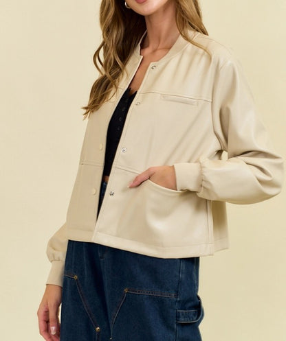 CREAM FAUX LEATHER FRONT SNAP BUTTON LONG SLEEVE OVERSIZED JACKET