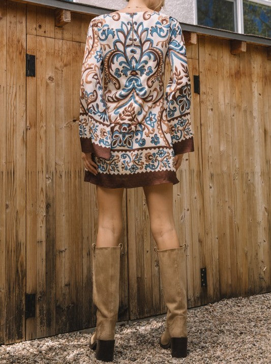 IVORY, BROWN &amp; BLUE BORDER PRINT BELL SLEEVE MINI DRESS