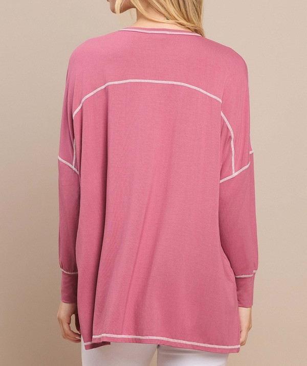 MAUVE RAYON CONTRAST STITCH OVERSIZED LONG SLEEVE TOP