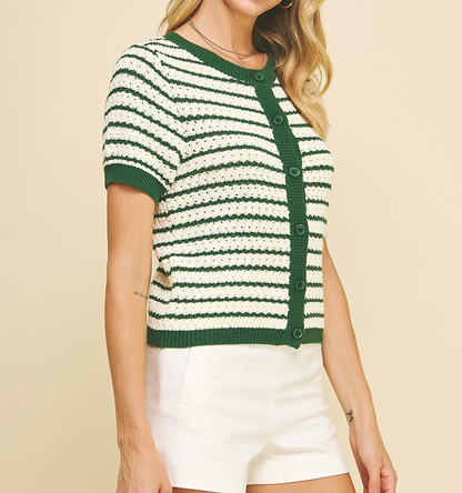 GREEN/OFF WHITE STRIPE BUTTON DOWN SWEATER