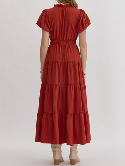 BRICK VNECK BUBBLE SLEEVE TIERED MIDI DRESS