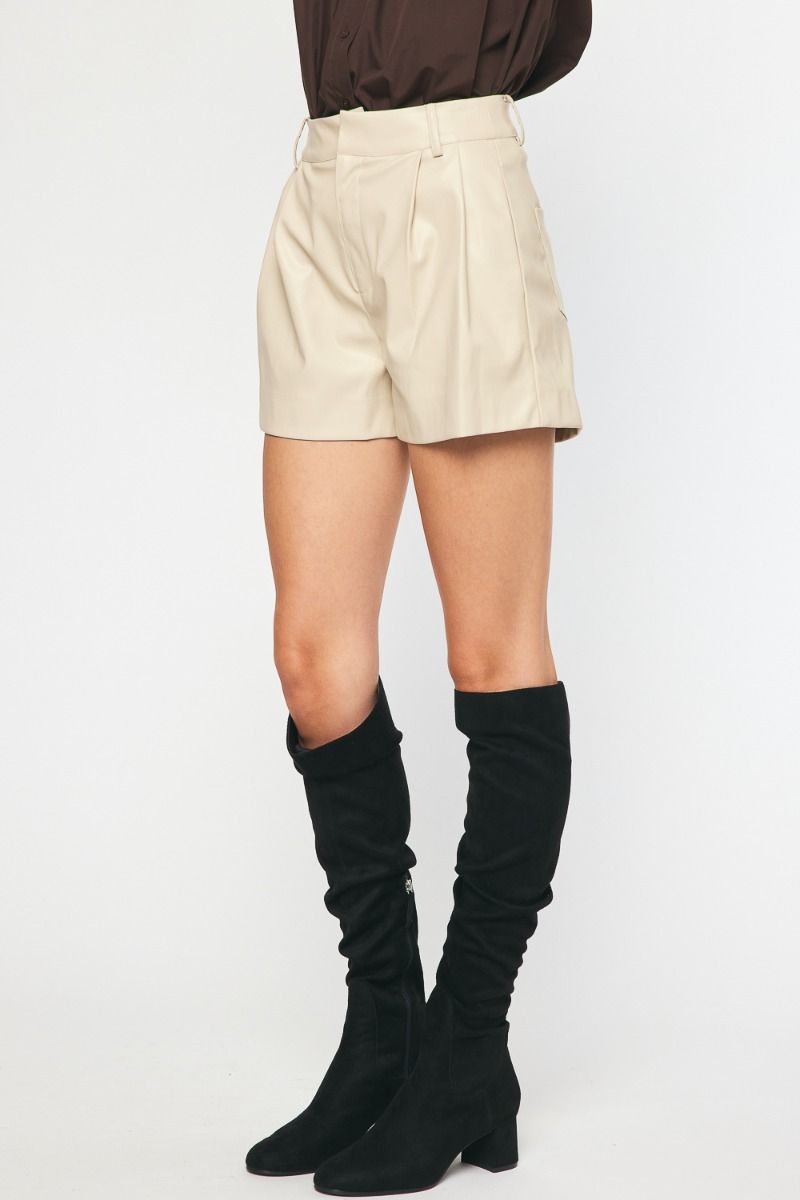 ECRU FAUX LEATHER HIGH WAISTED SHORTS