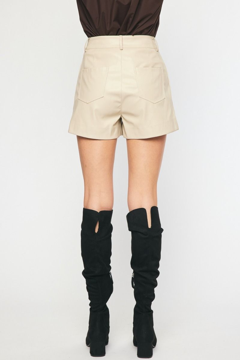 ECRU FAUX LEATHER HIGH WAISTED SHORTS