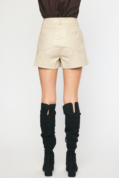 ECRU FAUX LEATHER HIGH WAISTED SHORTS
