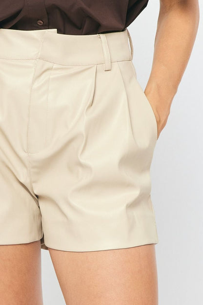 ECRU FAUX LEATHER HIGH WAISTED SHORTS
