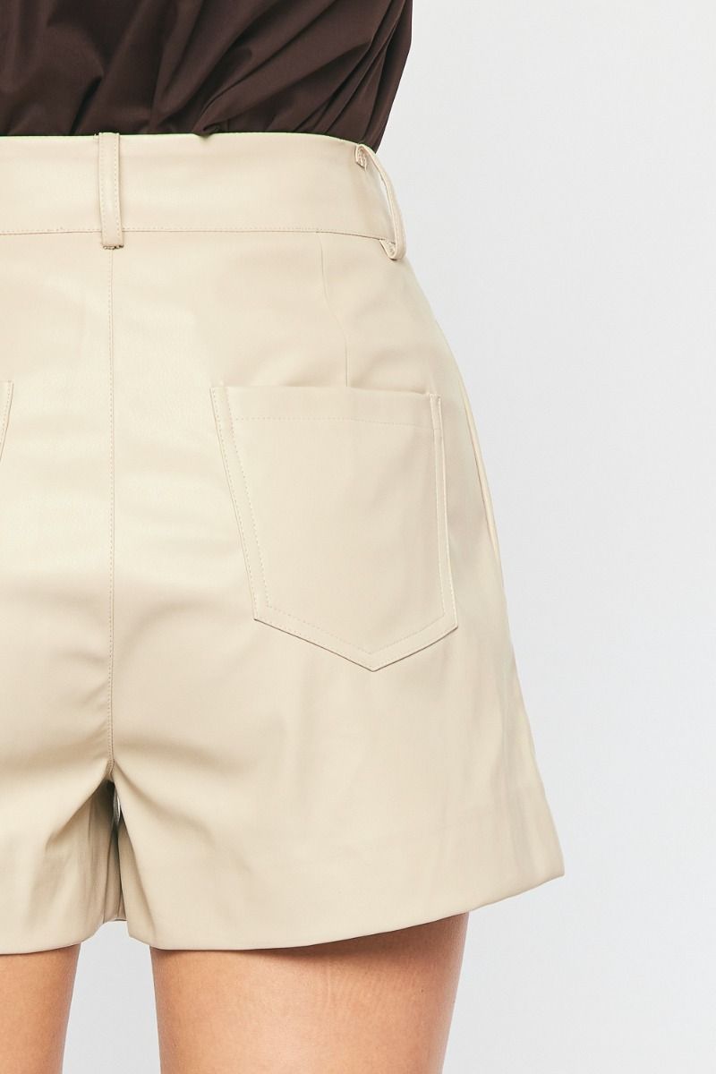 ECRU FAUX LEATHER HIGH WAISTED SHORTS