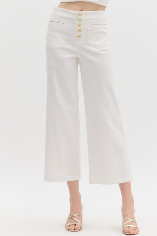 WHITE MID RISE CULOTTE PANT WITH EXPOSED BUTTONS