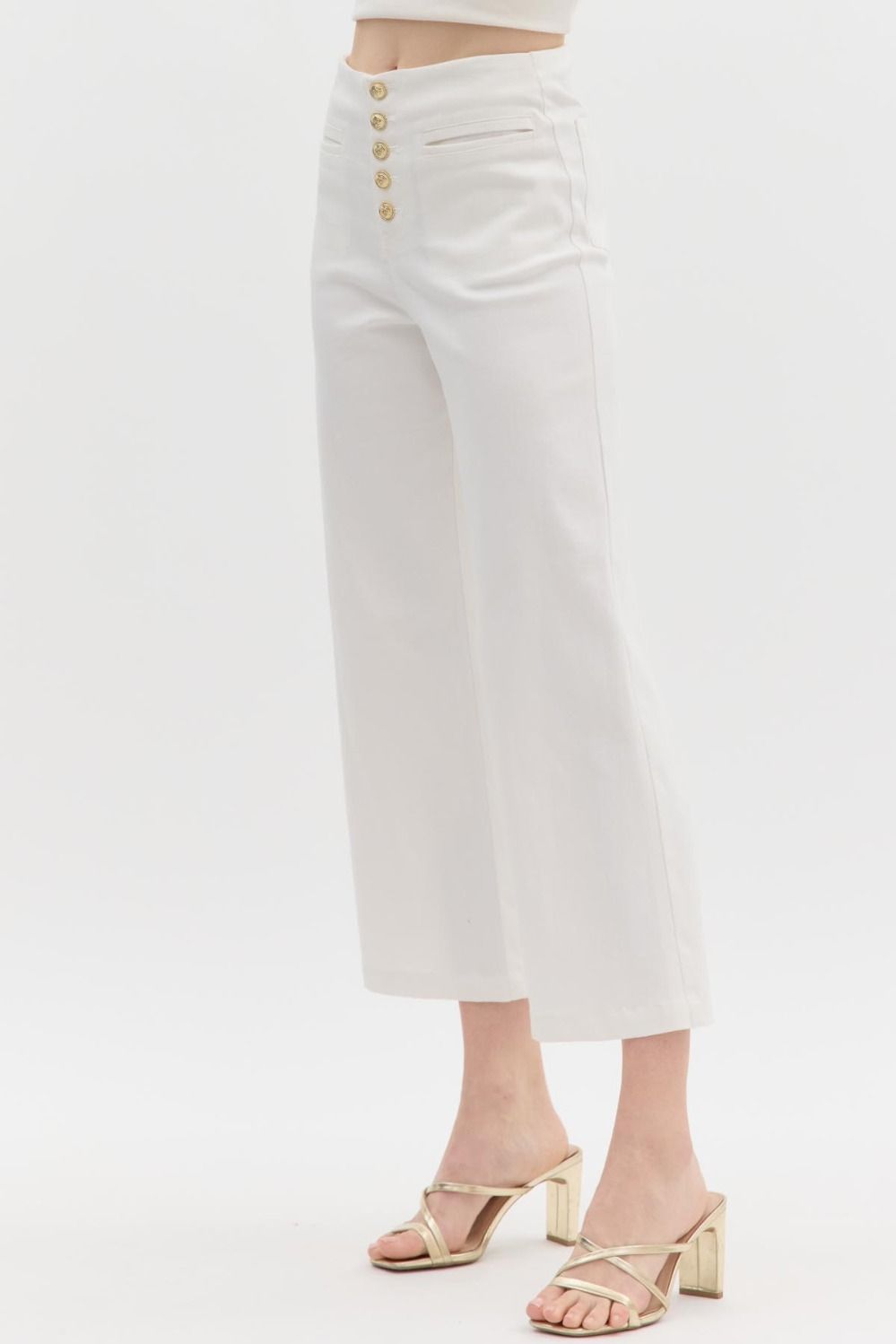 WHITE MID RISE CULOTTE PANT WITH EXPOSED BUTTONS