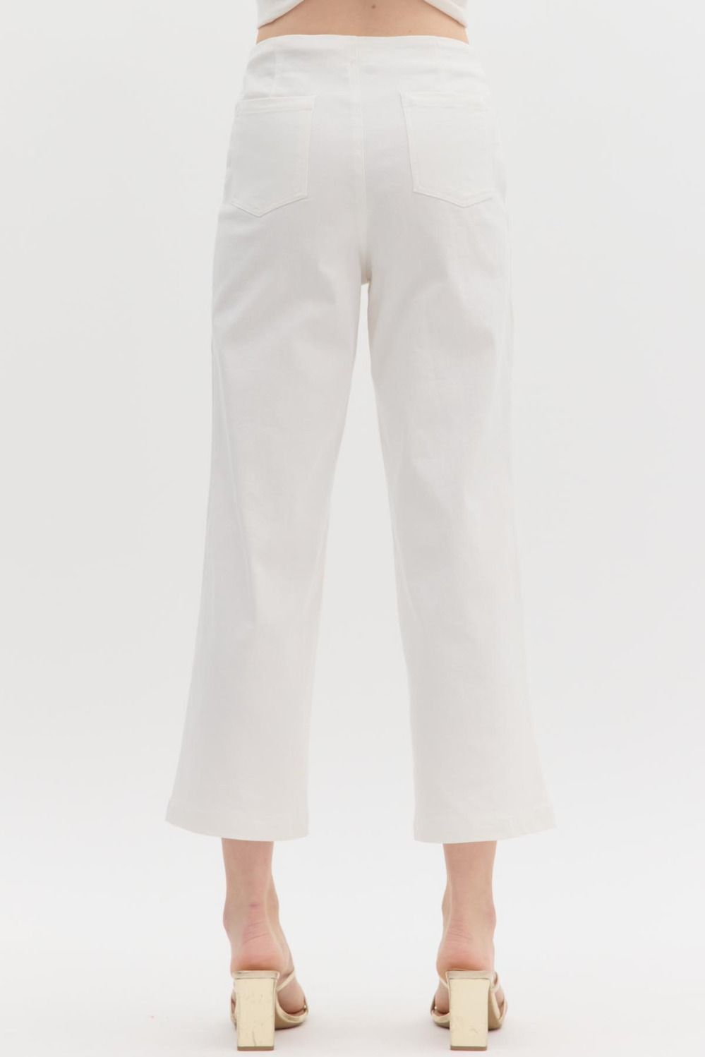 WHITE MID RISE CULOTTE PANT WITH EXPOSED BUTTONS
