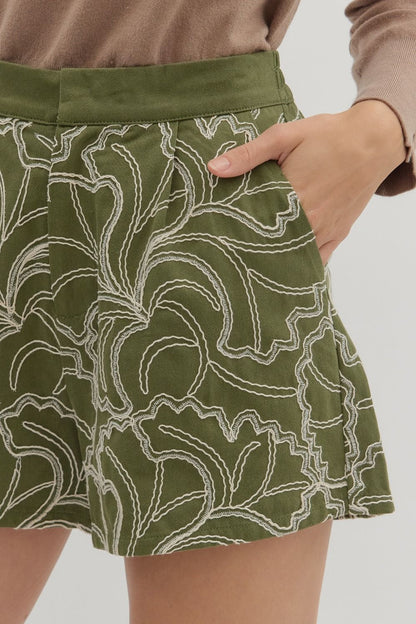 OLIVE TEXTURED FLORAL EMBROIDERY HIGH WAISTED SHORTS