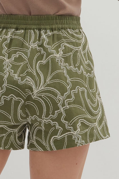 OLIVE TEXTURED FLORAL EMBROIDERY HIGH WAISTED SHORTS