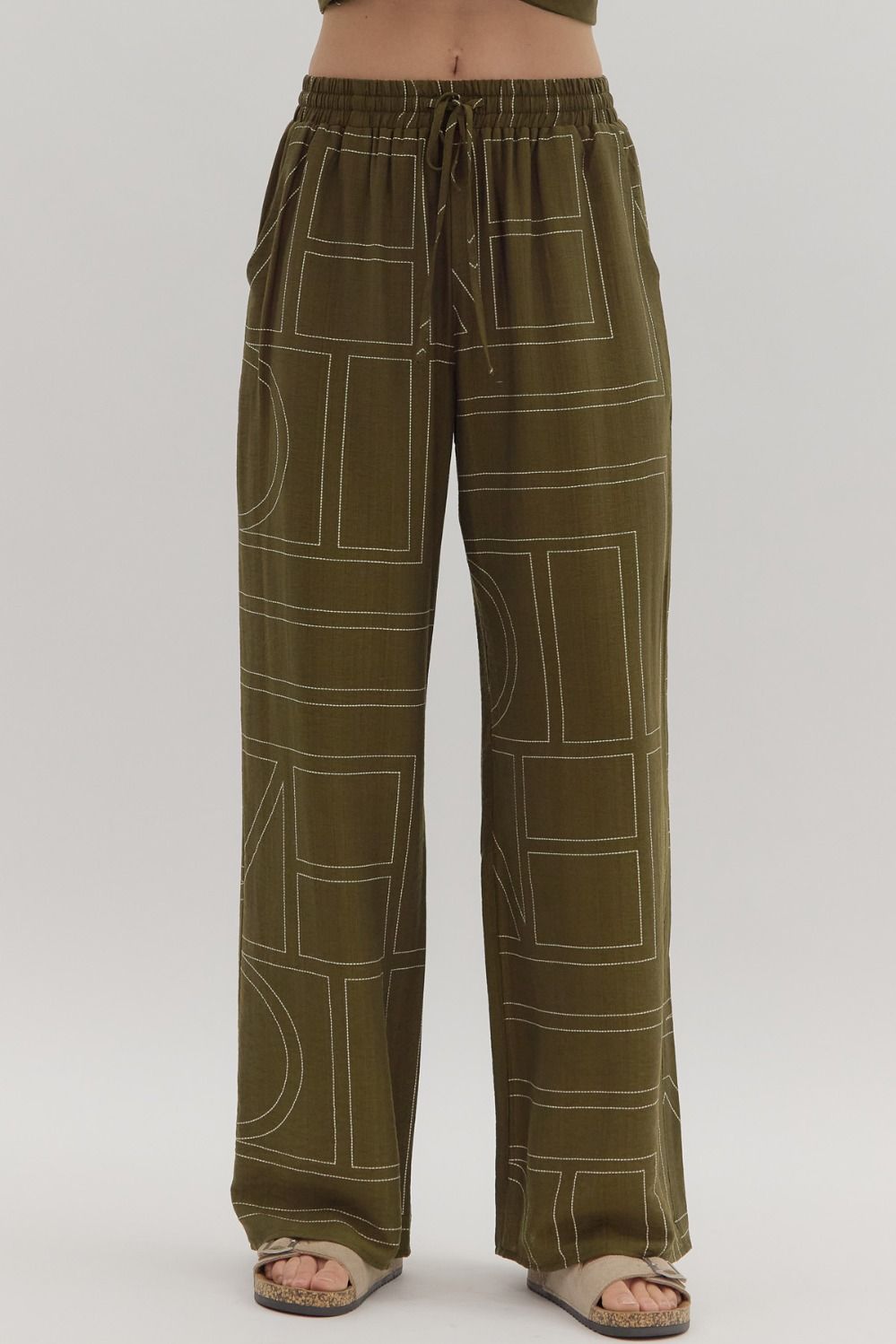 OLIVE ABSTRACT PATTERN PULL-ON WIDE LEG PANTS