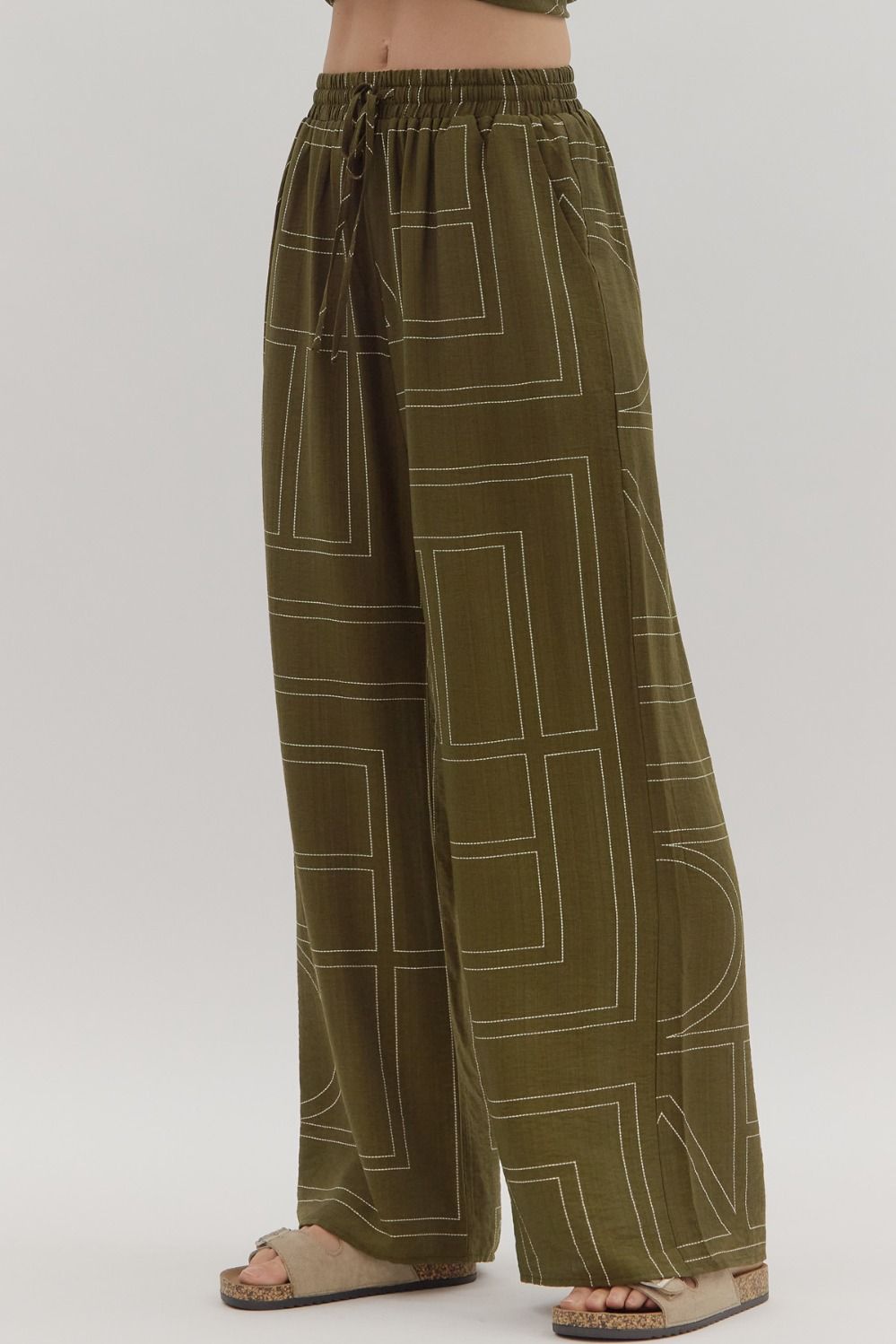 OLIVE ABSTRACT PATTERN PULL-ON WIDE LEG PANTS