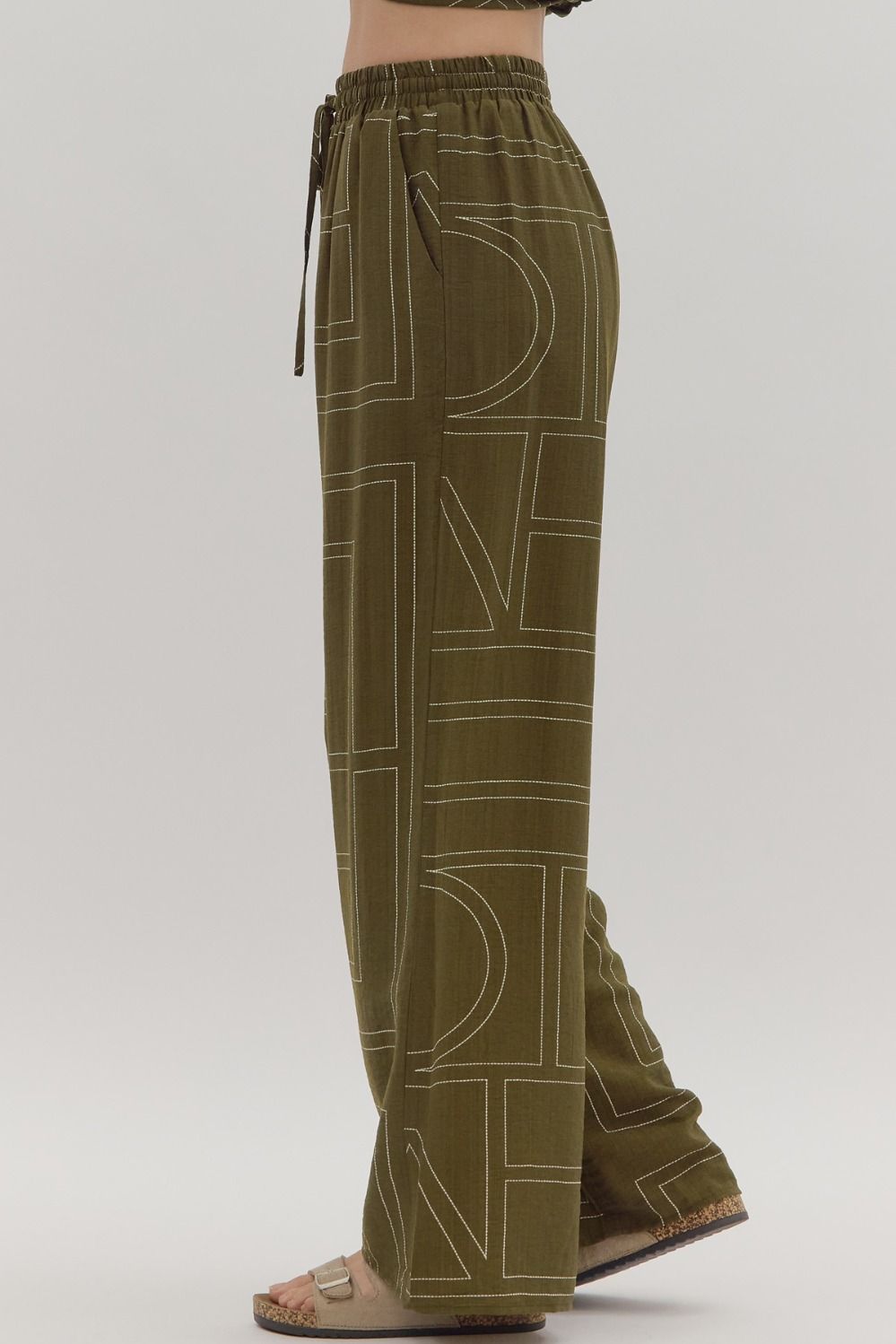 OLIVE ABSTRACT PATTERN PULL-ON WIDE LEG PANTS