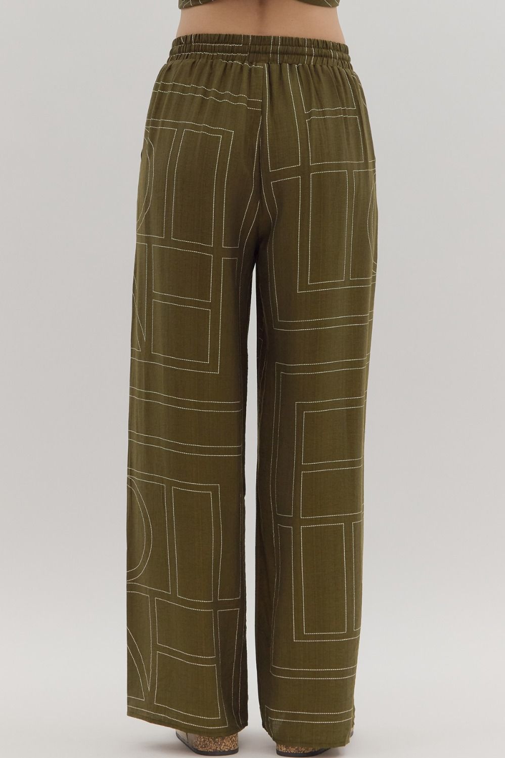 OLIVE ABSTRACT PATTERN PULL-ON WIDE LEG PANTS