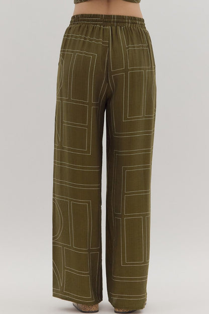 OLIVE ABSTRACT PATTERN PULL-ON WIDE LEG PANTS