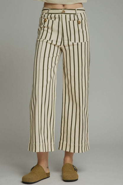 OLIVE STRIPED ANKLE LENGTH PANTS