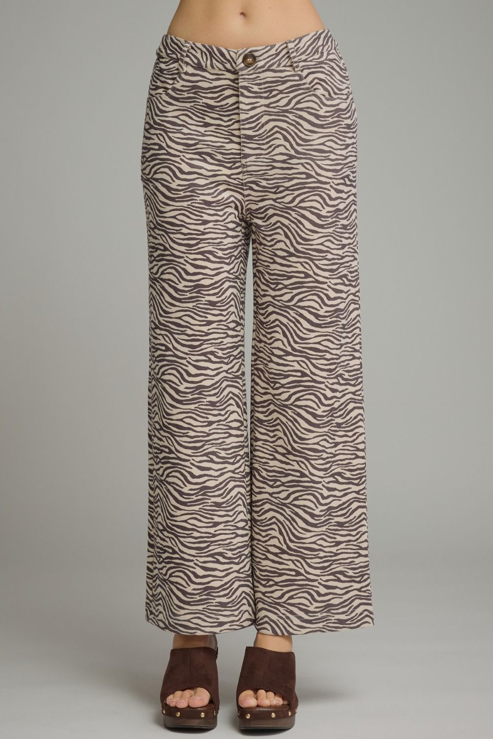 ECRU &amp; BLACK ANIMAL PRINT SUEDE WIDE LEG PANTS