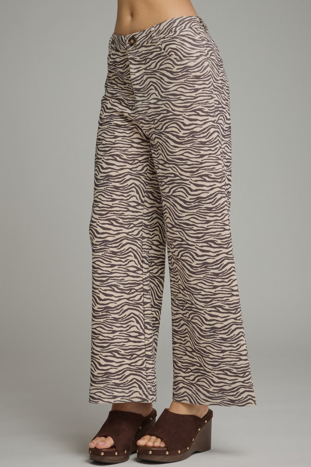 ECRU &amp; BLACK ANIMAL PRINT SUEDE WIDE LEG PANTS