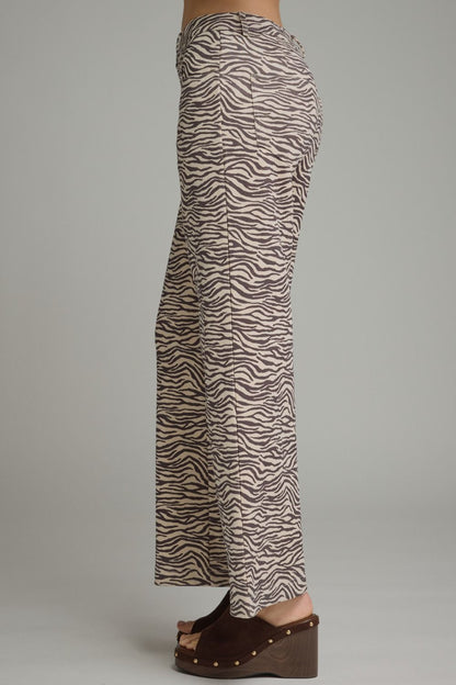 ECRU &amp; BLACK ANIMAL PRINT SUEDE WIDE LEG PANTS