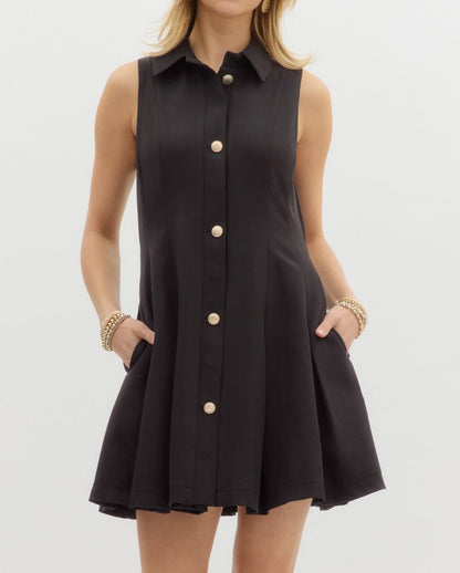 BLACK GOLD BUTTON ACCENT SLEEVELESS PLEATED MINI DRESS