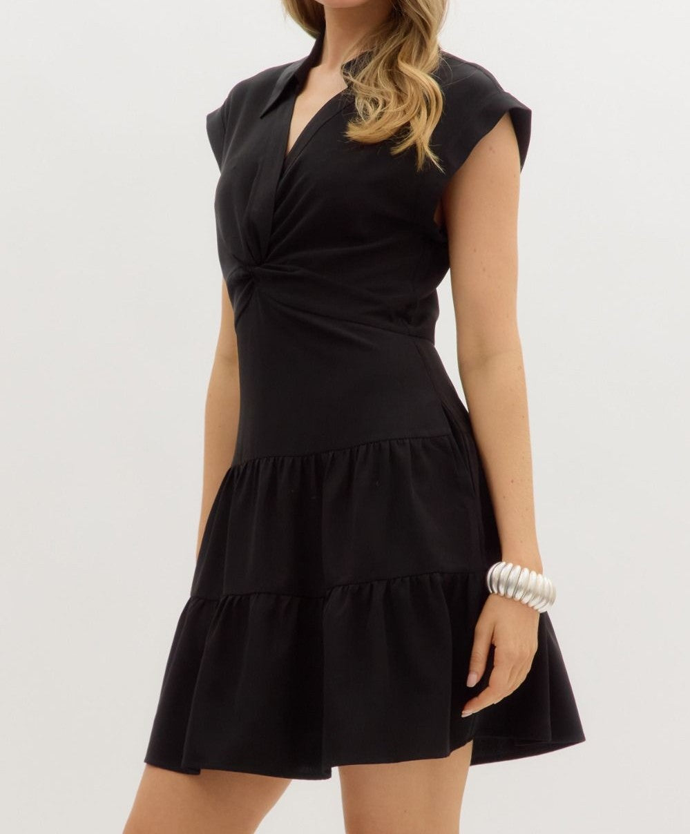 BLACK TIERED FRONT TWIST DETAIL MINI DRESS