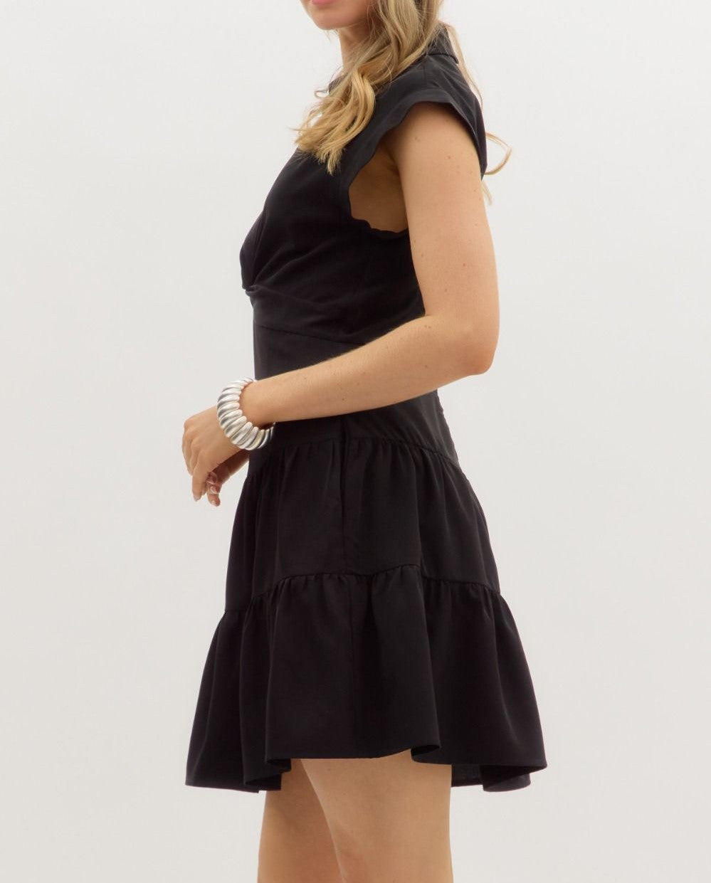 BLACK TIERED FRONT TWIST DETAIL MINI DRESS