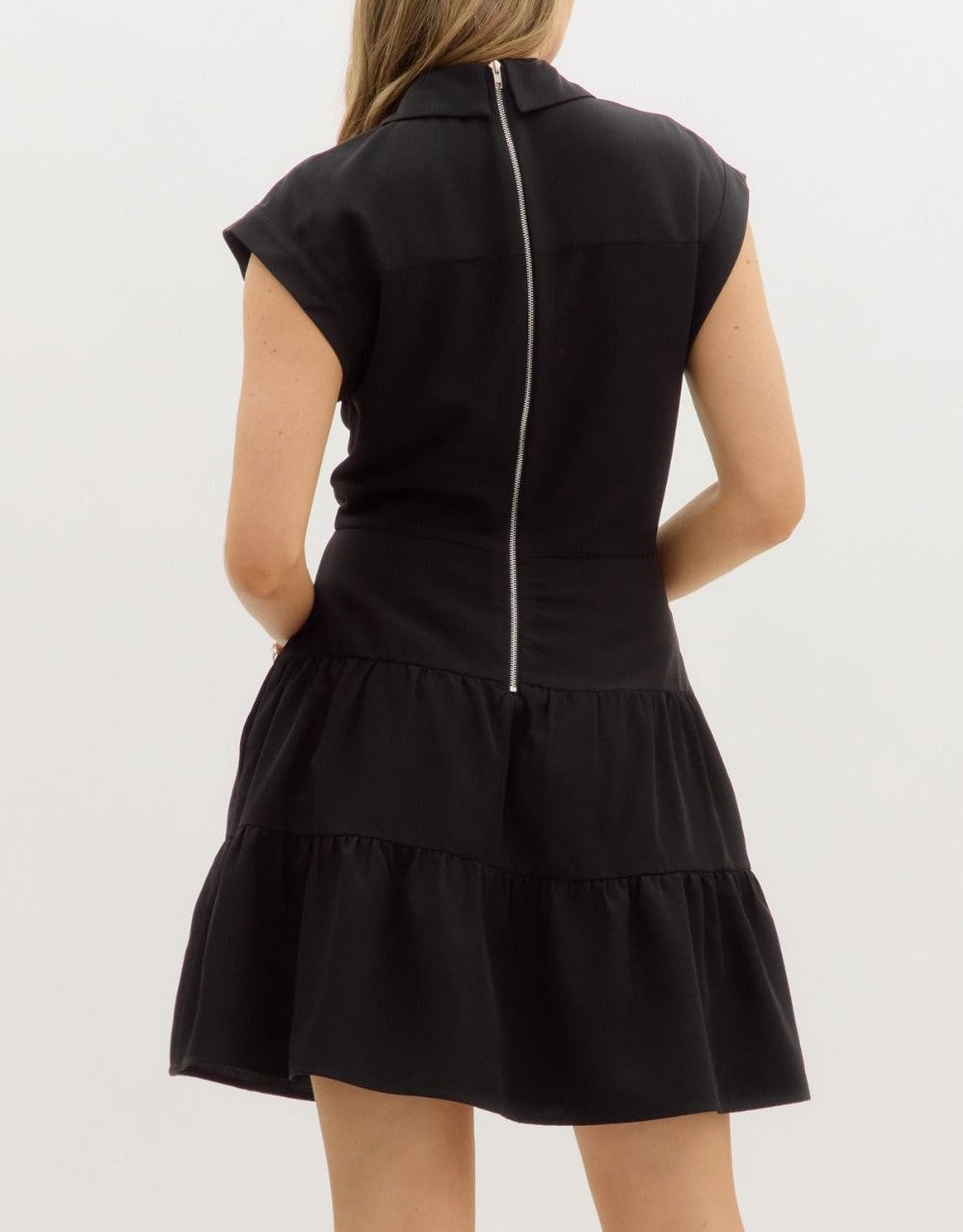 BLACK TIERED FRONT TWIST DETAIL MINI DRESS