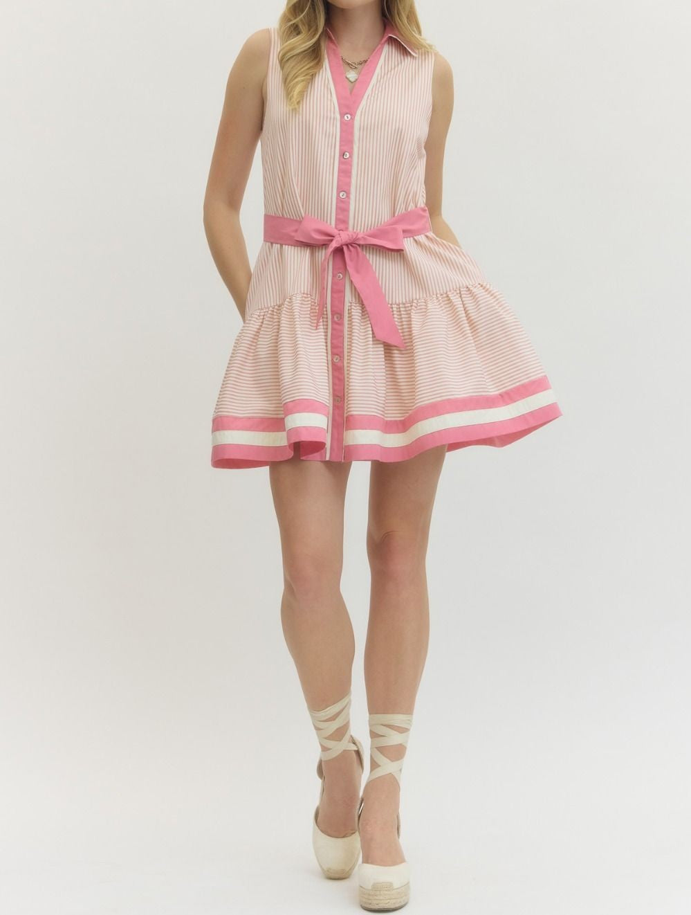 DUSTY PINK STRIPED CONTRAST BAND SLEEVELESS MINI DRESS
