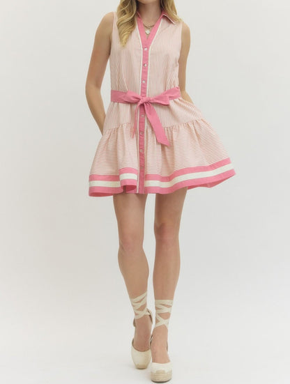 DUSTY PINK STRIPED CONTRAST BAND SLEEVELESS MINI DRESS