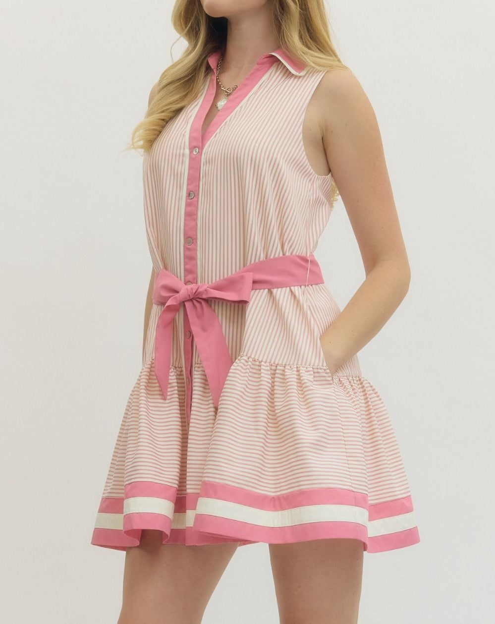 DUSTY PINK STRIPED CONTRAST BAND SLEEVELESS MINI DRESS