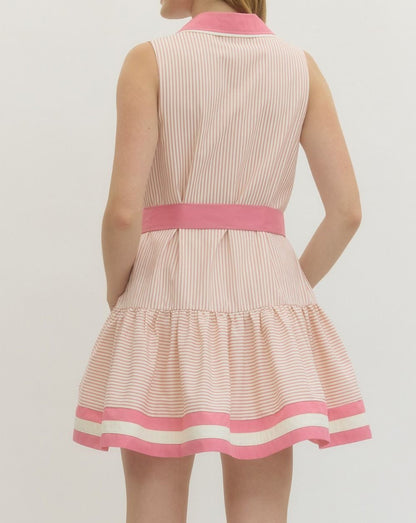 DUSTY PINK STRIPED CONTRAST BAND SLEEVELESS MINI DRESS