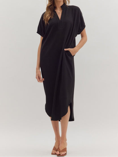 BLACK SOLID SHORT SLEEVE VNECK MIDI DRESS