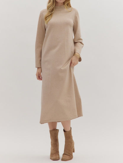 SAND MOCK NECK LONG SLEEVE KNIT MIDI DRESS