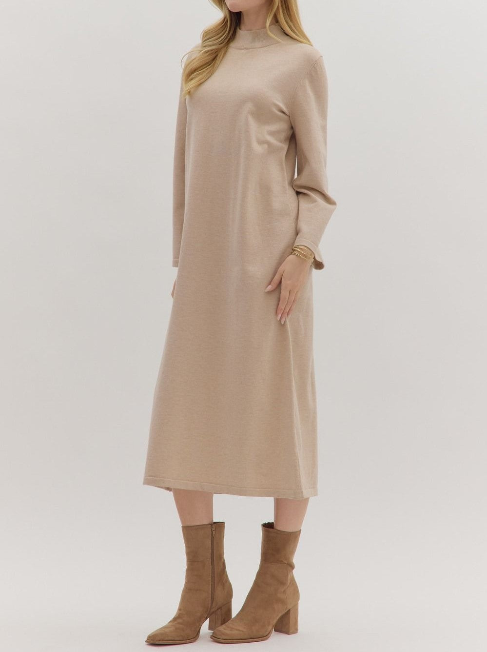 SAND MOCK NECK LONG SLEEVE KNIT MIDI DRESS