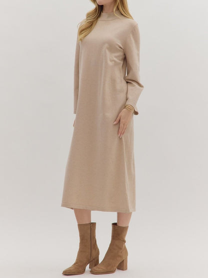 SAND MOCK NECK LONG SLEEVE KNIT MIDI DRESS