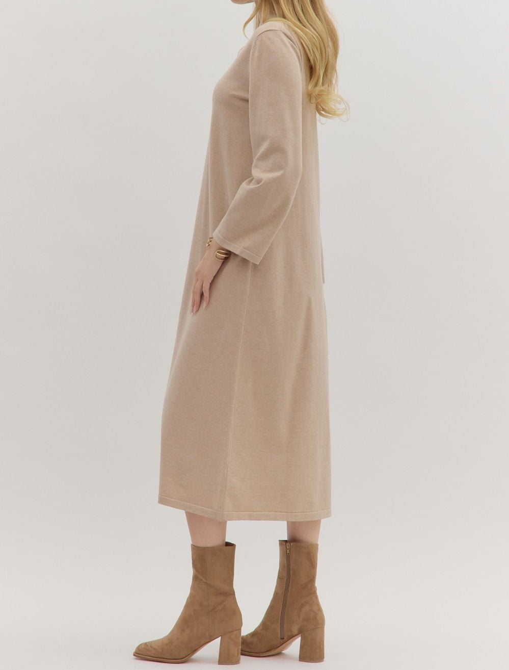 SAND MOCK NECK LONG SLEEVE KNIT MIDI DRESS