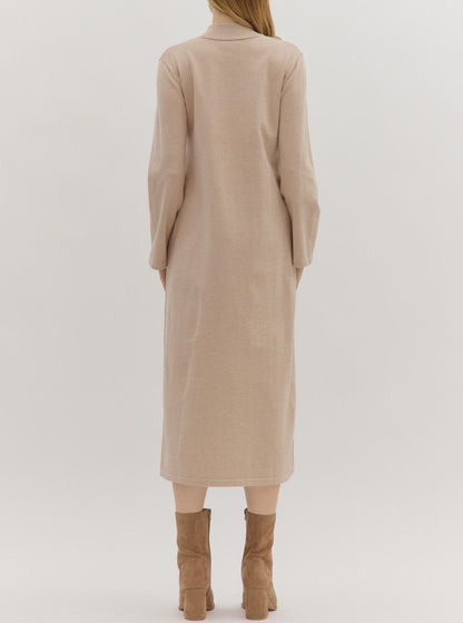 SAND MOCK NECK LONG SLEEVE KNIT MIDI DRESS