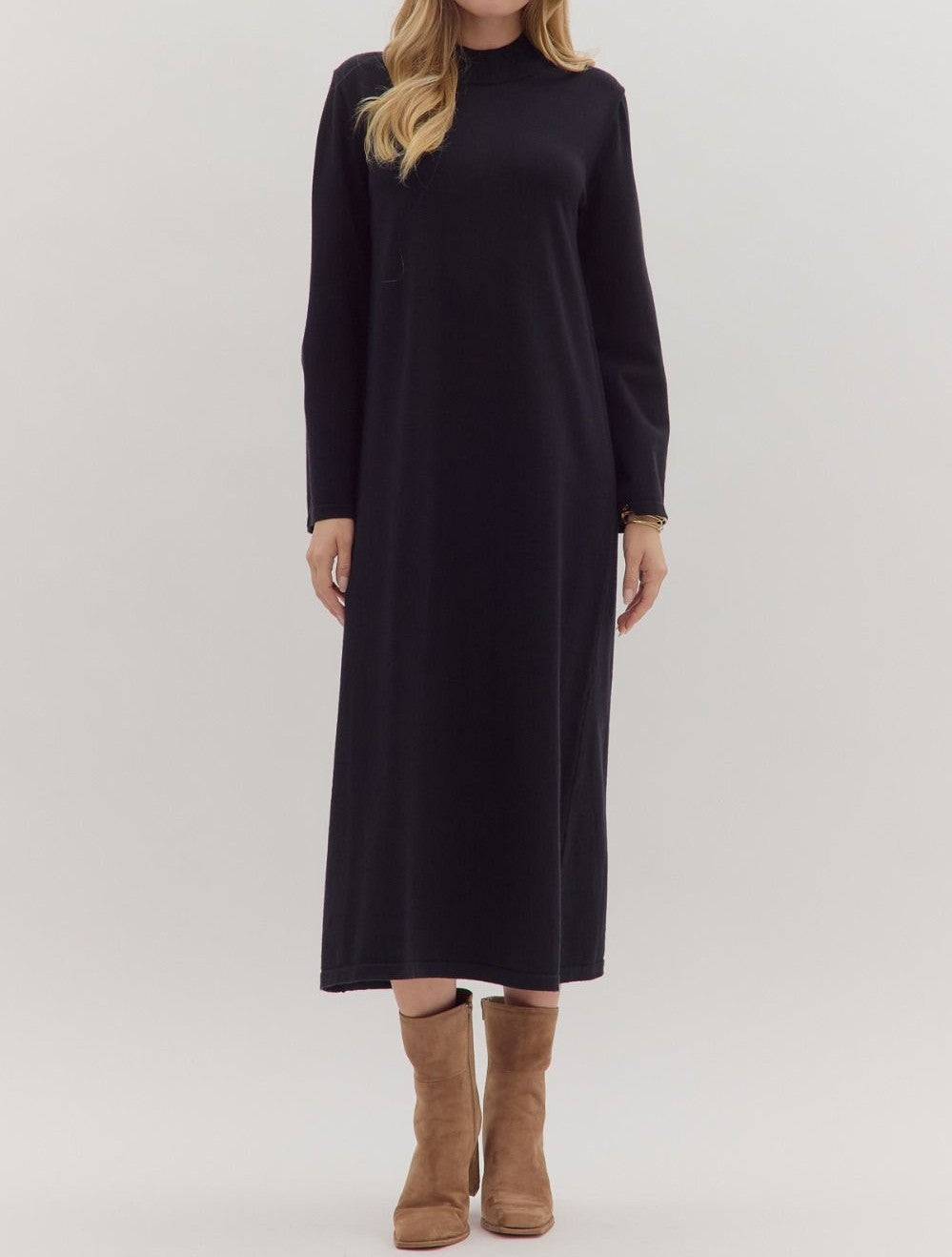 BLACK MOCK NECK LONG SLEEVE KNIT MIDI DRESS
