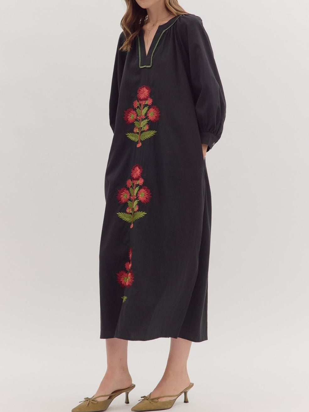BLACK FLORAL EMBROIDERY CONTRAST TRIM LONG SLEEVE MAXI DRESS