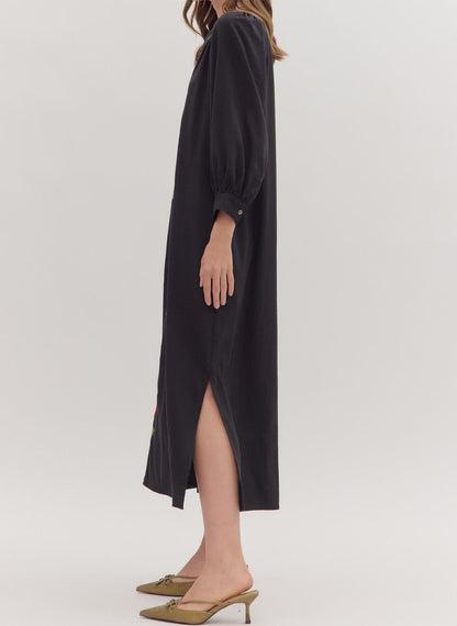 BLACK FLORAL EMBROIDERY CONTRAST TRIM LONG SLEEVE MAXI DRESS